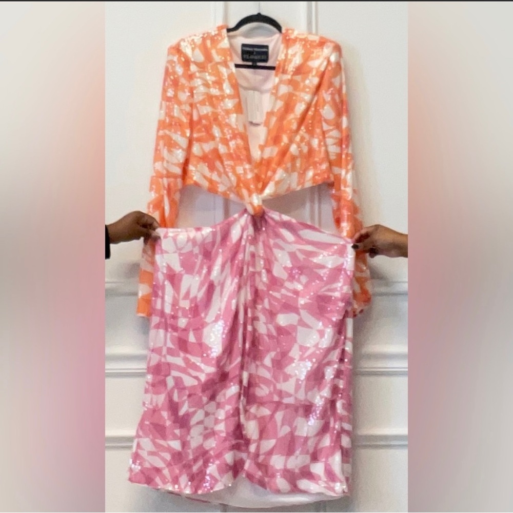 Eloquii Sequence sequin cut out orange white pink dress
